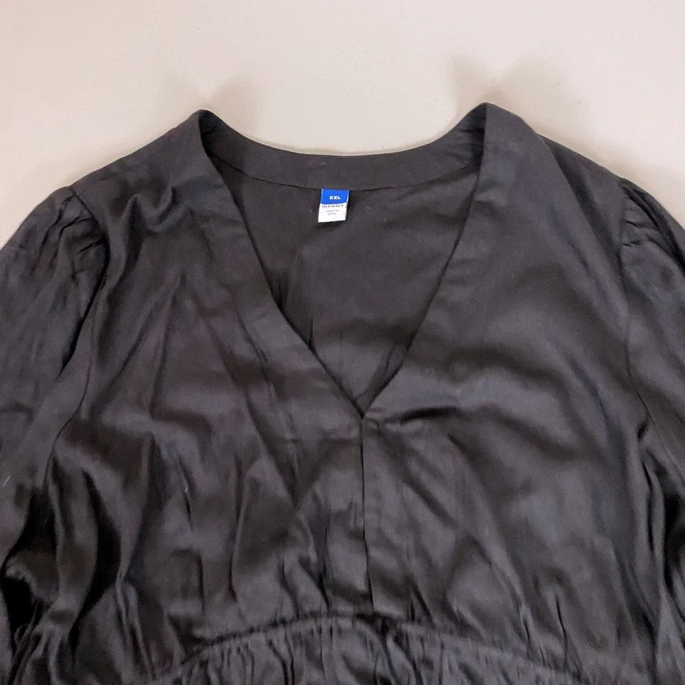 Old Navy Blouse Top Women's XXL‎ Black Smocked V-Neck Puff Sleeve Peplum New NWT